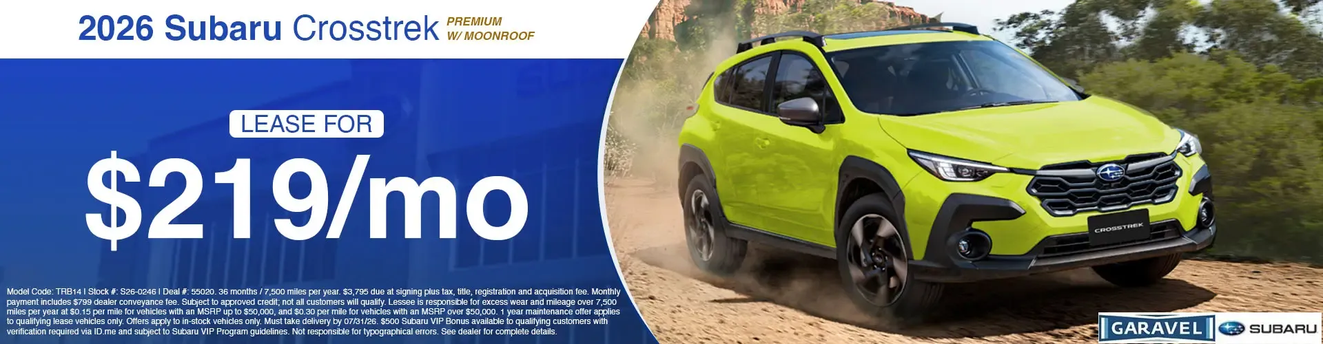 Lease a 2026 Subaru Crosstrek Premium with Moonroof for 215 dollars per month at Garavel Subaru